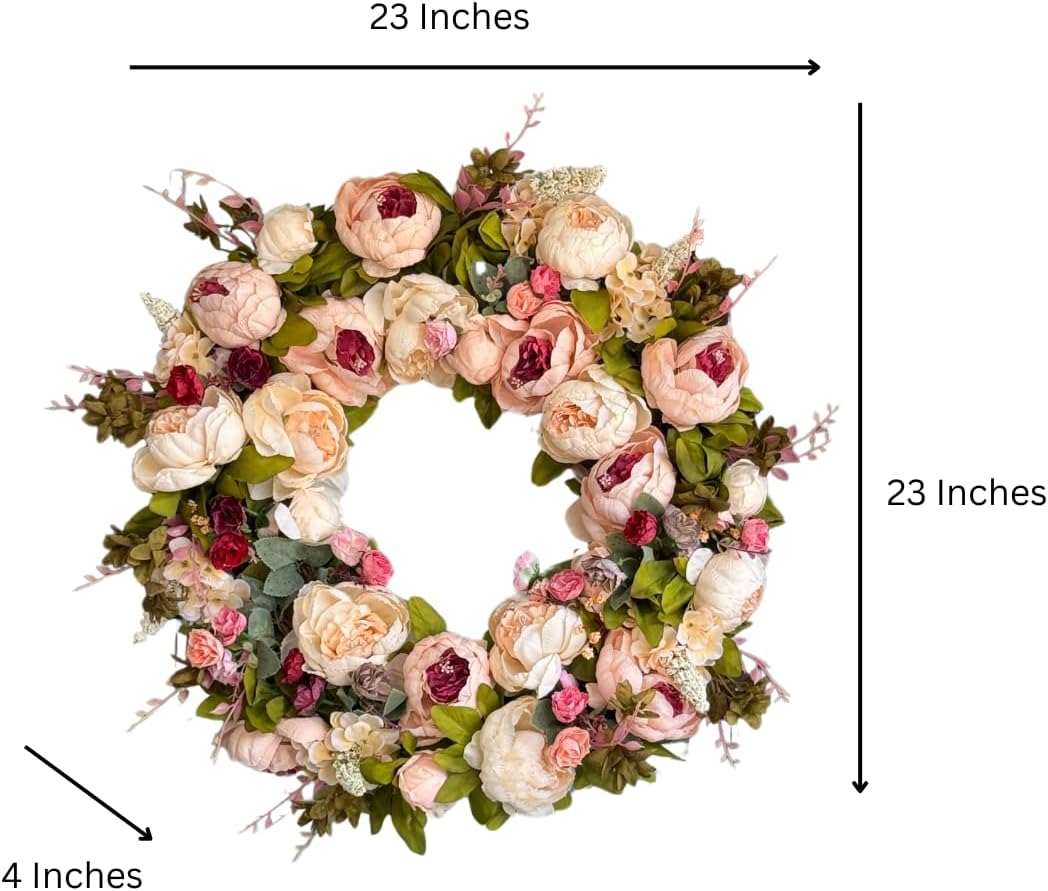 Zoey 23 Blush Burgundy Silk Peony Flower Wreath, All Season Artificial Floral Wreath for Front Door, Indoor Outdoor Rustic Farmhouse Home Decor, Spring Summer Wedding Wall Decoration